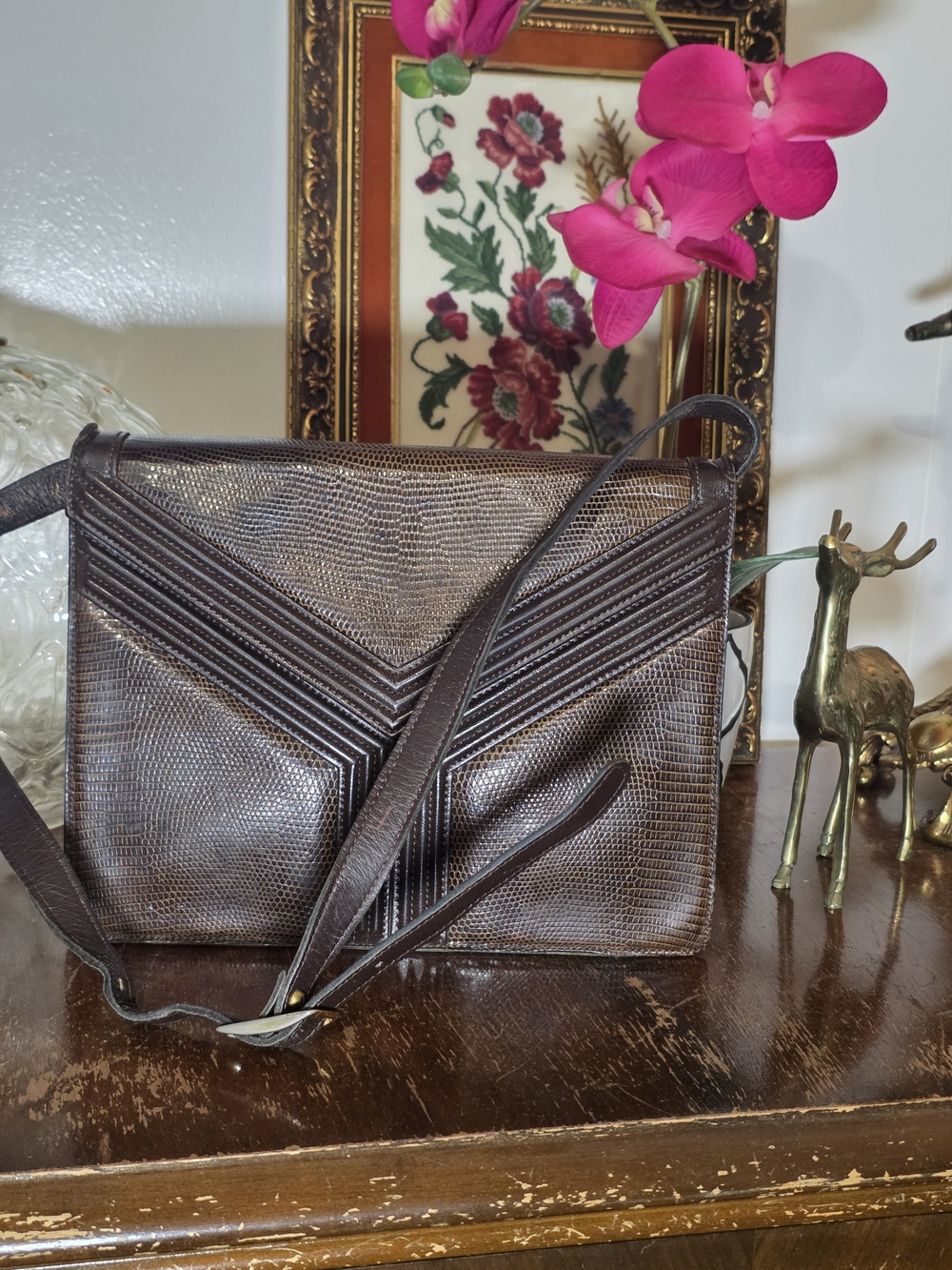 Vintage Yves Saint Laurent (YSL) Brown Lizard-Embossed Leather Shoulder Bag